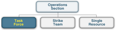 Organizational chart with a Task Force (highlighted), Strike Team, and Single Resource below the Operations Section.